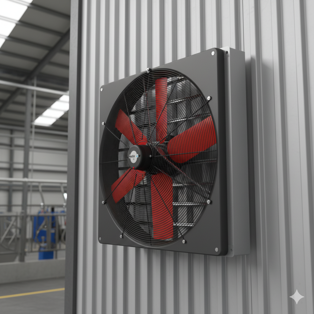 Imagen del ventilador extractor con aspas rojas en acción